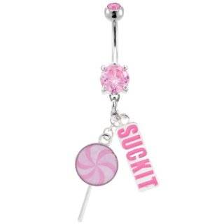Lollipop and Suck It Charm Belly Ring 14g 3/8 Pink Prong Set Belly 