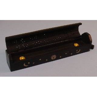 Wooden Coffin Incense Burner   Black Sun and Moon 12   Brass Inlays 