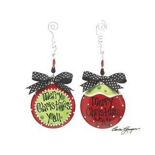 Set of 2 Merry Christmas Yall Ornaments Red Green