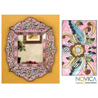 Handcrafted Reverse Painted Glass Pink Floral Wall Mirror (Peru