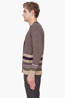 White Mountaineering Taupe Striped Border Knit Cardigan for men