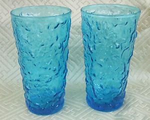 Two Anchor Hocking Electric Blue Crinkle Drinking Glasses Milano Lido Crinkle