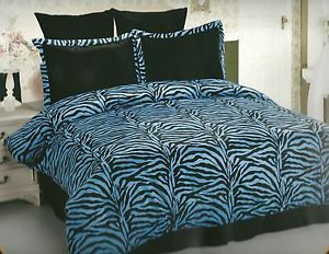 5pc Bed in A Bag Comforter Set Black and Turquoise Zebra Print Queen Size S07