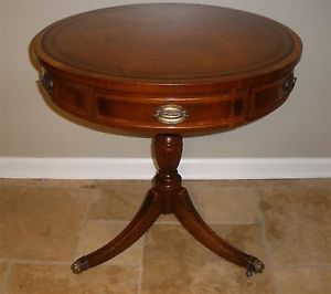 Antique Vintage Regency Mahogany Leather Top Library Drum Table End Side