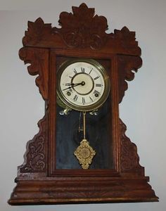 Antique Gingerbread Kitchen Mantel Clock Key Wound Running w Key and Pendulum