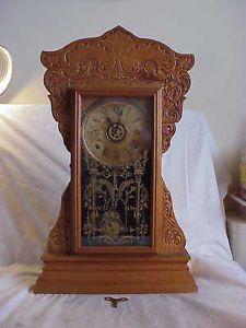 Antique Gilbert Gingerbread Kitchen Parlor Clock Mantle Wood Key Alarm Pendulum
