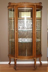 Beautiful Antique Oak Curved Glass Curio Display Cabinet