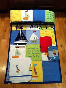 6 PC Pottery Barn Kids Baby Boat Crib Bedding Sailboats Quilt Bumper Skirt