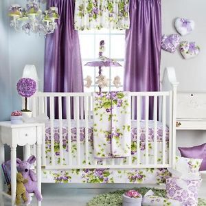 Cute Purple Floral Flowers Themed Infant Baby Girls 3P Nursery Crib Bedding Set
