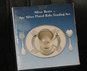 Vtg 3 Piece Silver Plated Teddy Bear Baby Feeding Set Plate Cup Spoon as Is