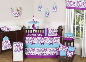 Purple Blue Floral Butterfly Garden Girl Baby Bedding Room Collection Crib Set