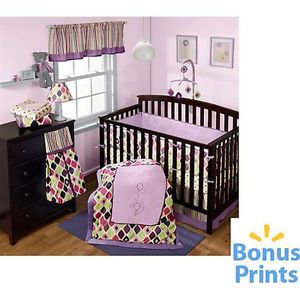 Baby Boom Girls Pink Mosaic 4 Piece Crib Set New Bedding Lime Purple Lavender