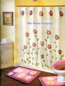 6P Daisy Pink Biege Bathroom Shower Curtain Rug Mat Set