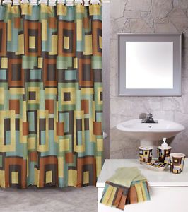 Modern Multi Colored Blocks 19 Piece Bath Accessory Shower Curtains Towel Set