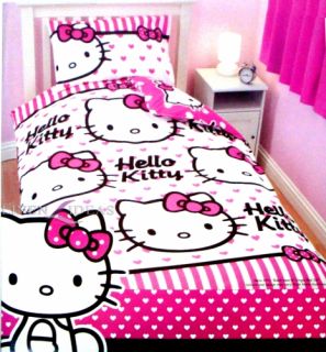Hello Kitty 'Stripe Hearts' Rotary Single Bed Duvet Quilt Cover Set New Gift