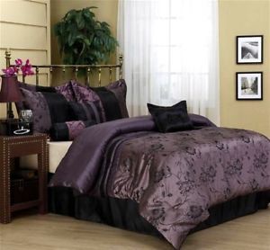 New 7pc King Black Purple Harmonee Bedding Faux Silk Comforter Set Bed in A Bag