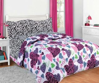 Girls Kids Bedding Mistyb Hearts Zebra Print Bed in A Bag Comforter Set