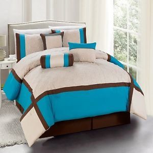 7 Pieces Beige Blue Turquoise Comforter Set Bed in A Bag Queen New Bedding Shams