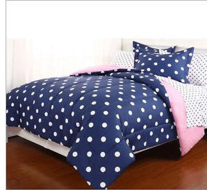Blue White Polka Dot Reversible Girls Queen Comforter Set 7 Piece Bed in A Bag