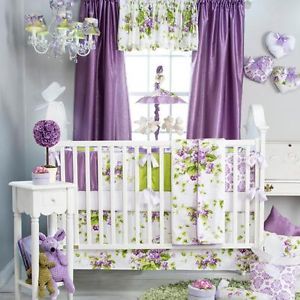 Purple Flowers Themed Baby Girls 5P w Floral Pillow Nursery Crib Bedding Set