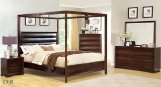New 4pc Kozani Modern Warm Walnut Finish Wood Canopy Queen King Bedroom Set