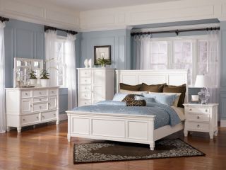 Lakeside 5pcs Cottage White Queen King Panel Bedroom Set Solid Wood Furniture