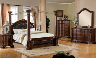 New 4pc Mandalay Canopy Brown Cherry Finish Wood Queen King Bedroom Set