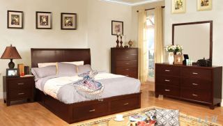 New 4pc Enrico V Brown Cherry Finish Wood Platform Queen Storage Bedroom Set