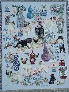 Pug Dynasty Cotton Dog Throw Blanket Tapestry Lindy Tilp Design – Made USA
