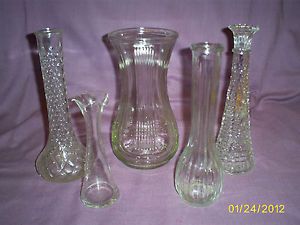 Lot 5 Vintage Clear Glass Flower Vase Bud Vases Ruffle Top Hoosier