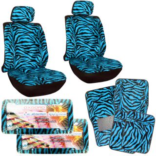 12pc Low Back Set Blue Zebra Car Bucket Seat Covers Floor Mats