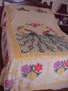 Vintage Yellow Double Peacock Chenille Bedspread