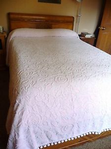 Vintage Cotton Chenille Pink Bedspread 97"X116" with Pom Pom Fringe