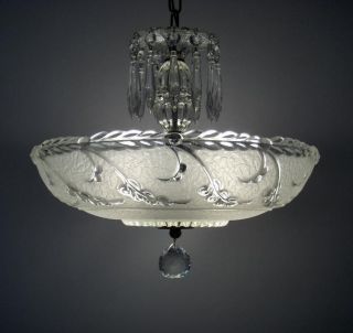 Large Vintage Art Deco Glass Shade Chandelier Antique Ceiling Light Fixture