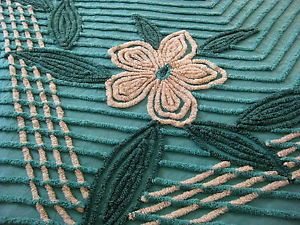 MSB Vintage Chenille Bedspread Bold Jewel Tone Green w Flowers Cottage Chic