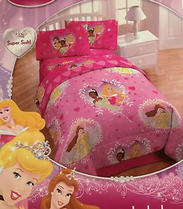 Disney Princess Hearts 4 PC Toddler Bedding Set Sheets Comforter Pillowcase