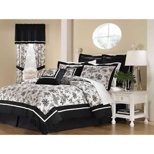 French Country Floral 8PC Comforter Set w Bedskirt King Black White Cotton New