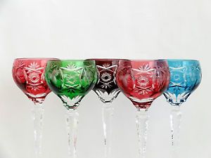 Set 5 Nachtmann Traube Multi Color Crystal Glass Cut to Clear Hock Wine Glasses
