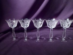 Set of Five Fostoria Elegant Glass Low Sherbet Champagne Etched Crystal Glasses