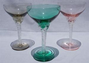 Elegant Twisted Crystal Stemware 2 Tone Green Pink Smoke Wine Goblets Vintage