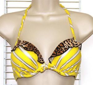 Victoria's Secret $50 Gorgeous Add 2 Cups Halter Bikini Top 34A Yellow Stripe