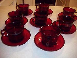 VT Glcoloc France Tea Coffee Cups and Saucers Ruby Red Glass 8 Cups 8 Saucers