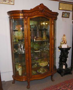 Antique Oak Curved Glass China Cabinet Curio