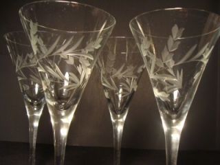 Set 4 Vintage Etched Floral Crystal Glass Stemware Wine Martini Glasses