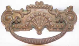 Victorian Fan Scroll Pressed Brass Drawer Pull w Cast Iron Bail Antique Bureau