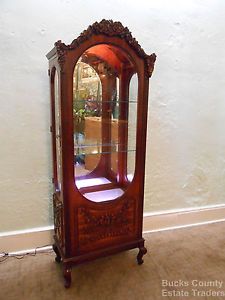 Quality French Style Carved Cherry Lighted Curio Display Cabinet