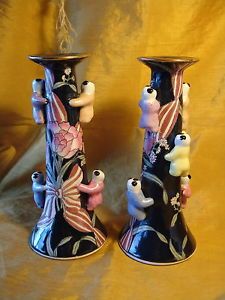 Vtg Pair Chinese Incised Porcelain Candle Holders w Climbing Boy Figurines