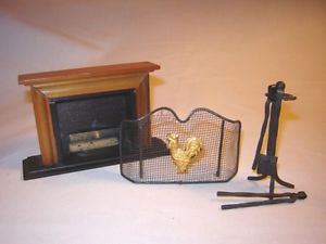 Vintage Collectible Doll House Miniature Fireplace w Screen and Accessories