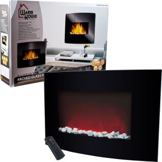 Warm House Black Arched Glass Electric Fireplace Wall Mounted w Remote Control