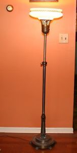 Vintage Torchiere Floor Lamp with Copper Rubbed Glass Shade